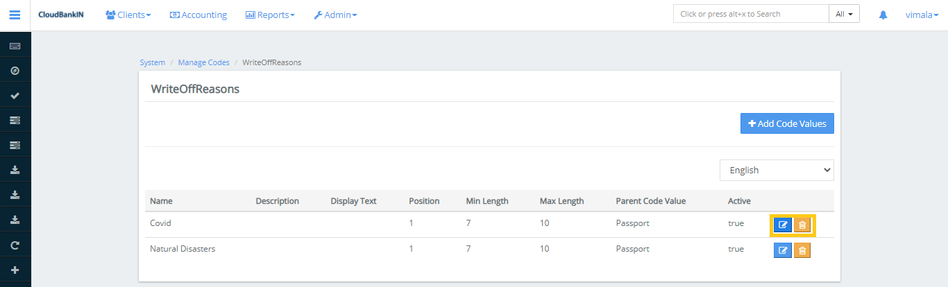 Manage Code - Edit or Delete Code Value