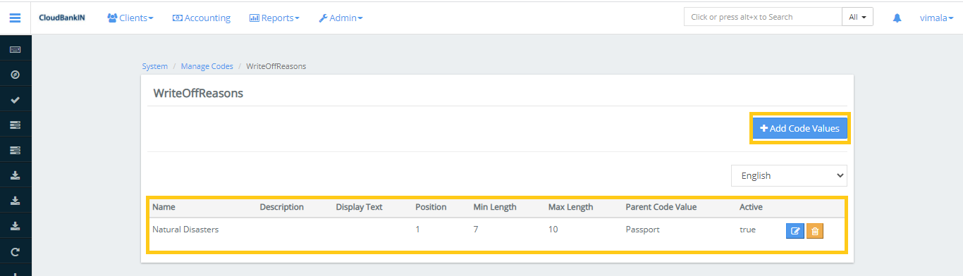 Manage Code - Existing Codes