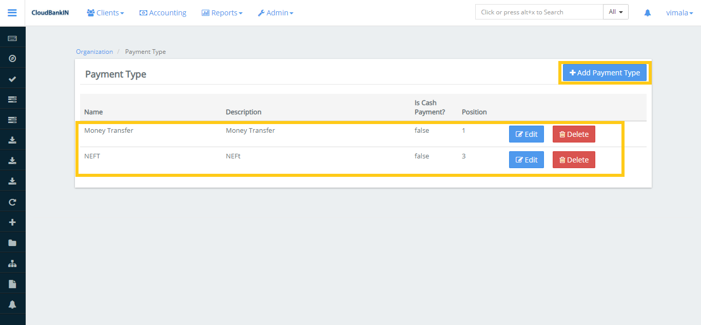 Payment Type - List & Add Payment Type